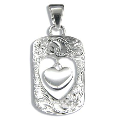 Sterling Silver Hawaiian Open Frame Pendant with High Polished Baby Heart Charm
