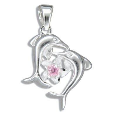 Sterling Silver Double Dolphin with Hawaiian Plumeria Pink CZ Pendant