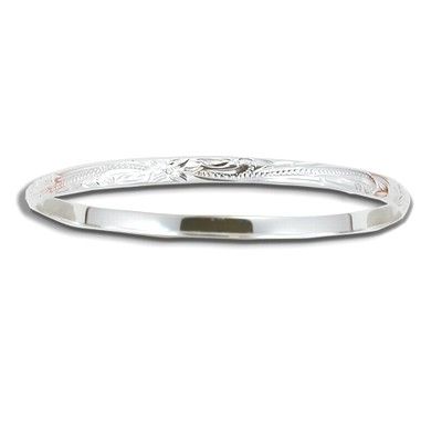Sterling Silver 4mm Hawaiian Plumeria and Scroll with Plain Edge Bangle