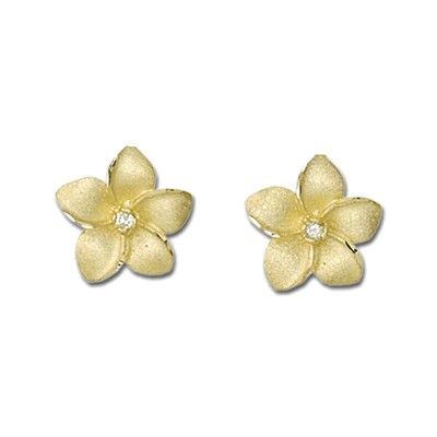 14K Yellow Gold 15mm Diamond Hawaiian Plumeria Pierced Earrings