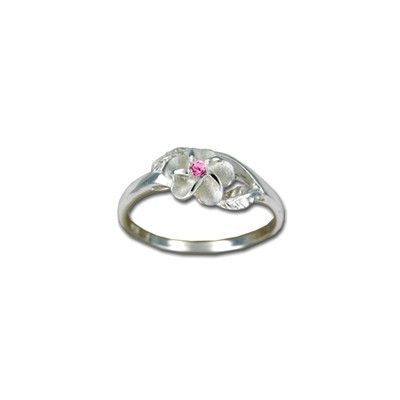 Sterling Silver 8MM Hawaiian Plumeria with Leaf Ring with Pink CZ 