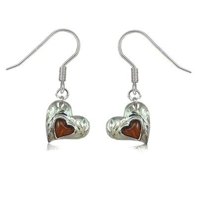 Sterling Silver Hawaiian Koa Wood Heart Shaped Fish Wire Earrings