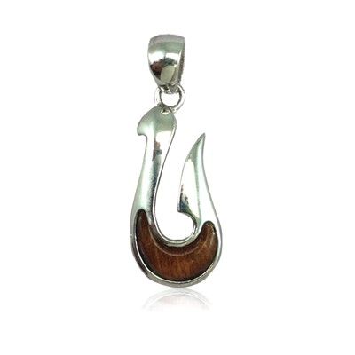 Sterling Silver Hawaiian Koa Wood Fish Hook Pendant