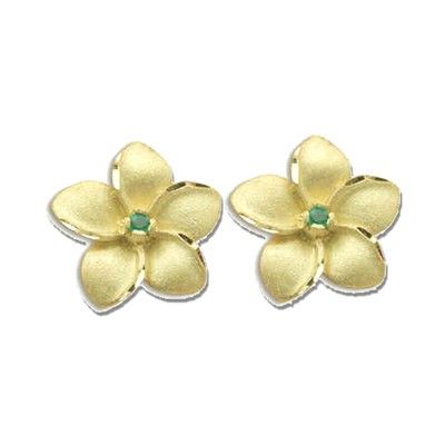 14K Yellow Gold 15mm Hawaiian Plumeria with Emerald Pierced Earrings