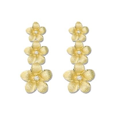14kt Yellow Gold Triple Hawaiian Plumeria with Diamond Dangling Earrings