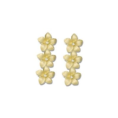 14kt Yellow Gold 7mm Triple Hawaiian Plumeria with Diamond Pierced Earrings
