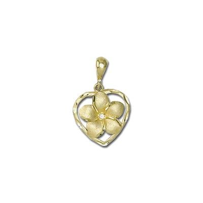 14Kt Gold Hawaiian 8mm Plumeria Heart with Diamond Pendant