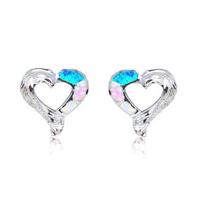 Sterling Silver Hawaiian Cut-Out Heart Rainbow Opal Pierced Earrings 
