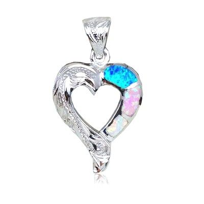 Sterling Silver Hawaiian Cut-Out Heart Rainbow Opal Pendant
