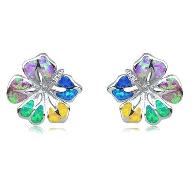 Sterling Silver Hawaiian 15MM Hibiscus Shaped Rainbow Opal Pierced Earrings 