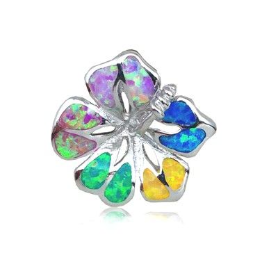Sterling Silver Hawaiian 25MM Hibiscus Shaped Rainbow Opal Slide Pendant (L)