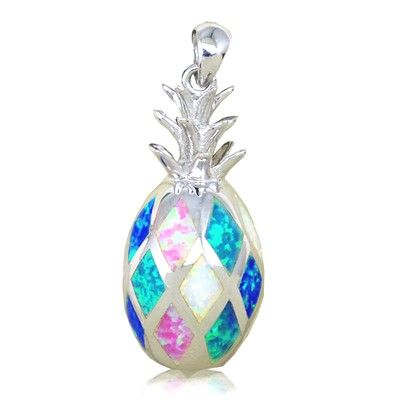 Sterling Silver Hawaiian Pineapple Shaped Rainbow Opal Pendant (L)