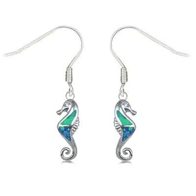 Sterling Silver Hawaiian Seahorse Shaped Blue Opal Earrings with Fish Wires