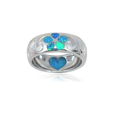 Sterling Silver Hawaiian Plumeria and Heart Design Blue Opal Ring