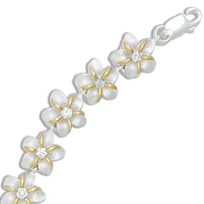 Sterling Silver Two Tone 10MM Hawaiian Plumeria with Clear CZ Design Bracelet