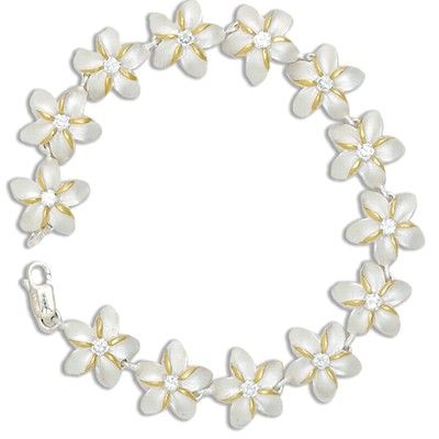 Sterling Silver Two Tone 15MM Hawaiian Plumeria with Clear CZ Design Bracelet