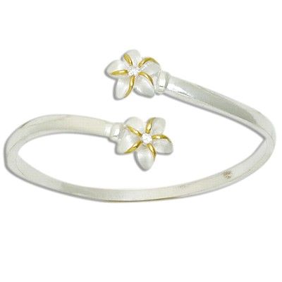 Sterling Silver Two Tone Double Hawaiian Plumeria with Clear CZ Cuff Bangle