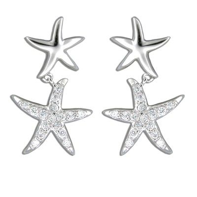 Sterling Silver Hawaiian Starfish Floating with Clear CZ Earrings