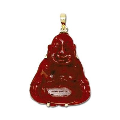 14KT Yellow Gold Buddha Shaped with Red Jade Pendant 