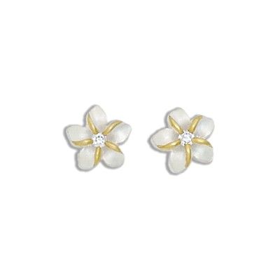 Sterling Silver Two Tone 10MM Hawaiian Plumeria with Clear CZ Design Earrings