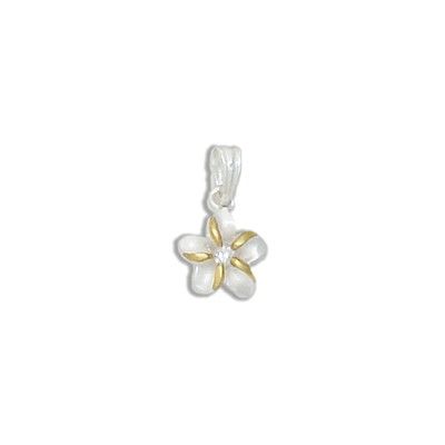 Sterling Silver Two Tone 8MM Hawaiian Plumeria with Clear CZ Design Pendant