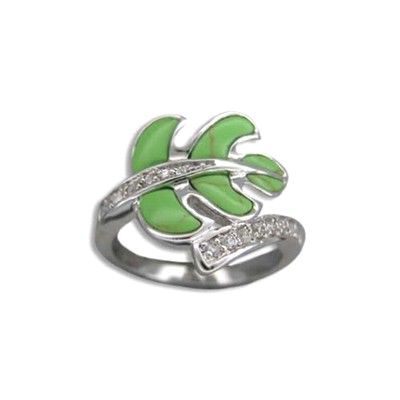 Sterling Silver Hawaiian Green Turquoise Monstera Ring with CZ