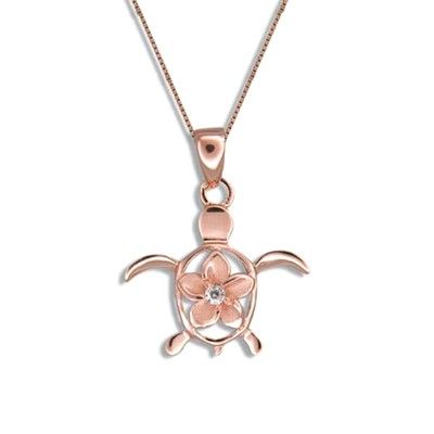 Fine Engraved Sterling Silver Rose Gold Plated Hawaiian Honu Plumeria Pendant