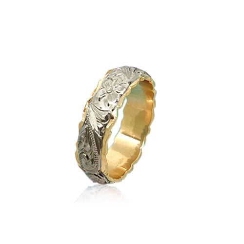 14KT Gold White and Yellow Double Two Tone Hawaiian Plumeria Scroll Wedding Ring Band