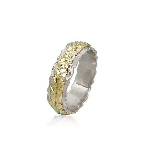 14KT Gold Yellow and White Double Two Tone Hawaiian Maile Wedding Ring Band