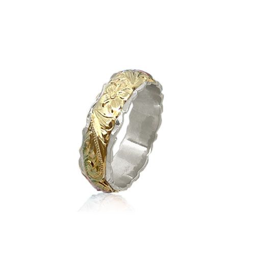 14KT Gold Yellow and White Double Two Tone Hawaiian Plumeria Scroll Wedding Ring Band