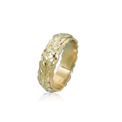 14KT Yellow Gold Double Hawaiian Maile Leaf Wedding Ring Band