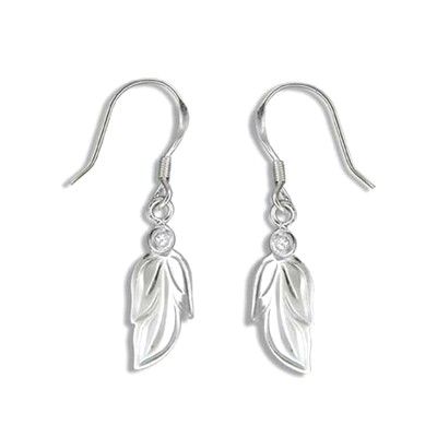 Fine Engraved Sterling Silver Maile Leaf with CZ Fish Wire Earrings