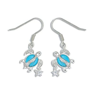Sterling Silver Hawaiian Honu and Star Blue Turquoise Earrings with CZ