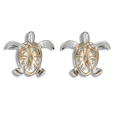 Sterling Silver Hawaiian Two Tone Hibiscus Honu Pierced Earrings.