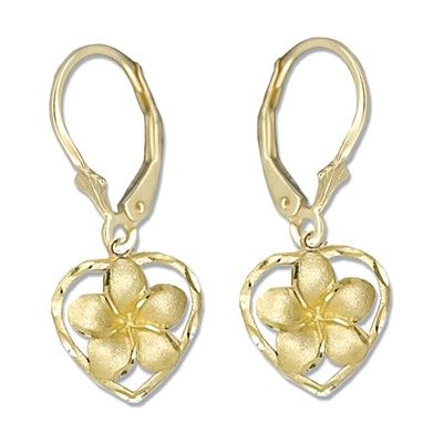 14kt Yellow Gold Plumeria Heart Lever Back Earrings