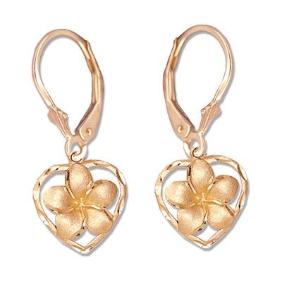 14kt Rose Gold Plumeria Heart Lever Back Earrings