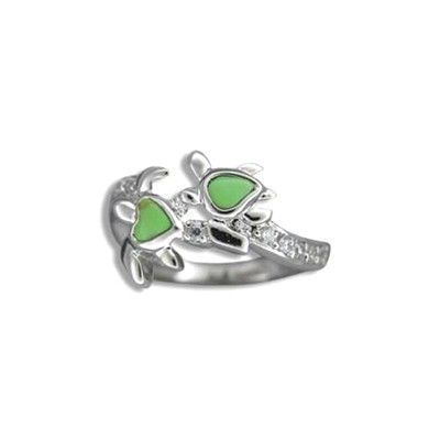 Sterling Silver Douple Hawaiian HONU with Heart Green Turquoise Ring