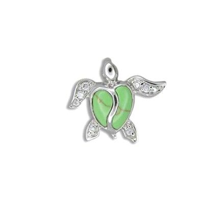 Sterling Silver Hawaiian HONU with CZ Green Turquoise Pendant