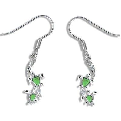 Sterling Silver Double Green Turquoise Hawaiian Honu with CZ Fish Wire Earrings