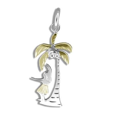Sterling Silver Yellow Gold Coated Kahiko Hula Dancer and Palm Tree Pendant