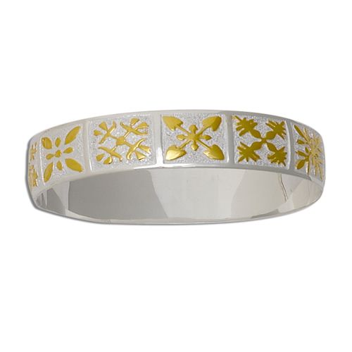 Sterling Silver Two Tone 10mm Hawaiian Mixed Quilt Design Kids Bangle with Plain Edge 