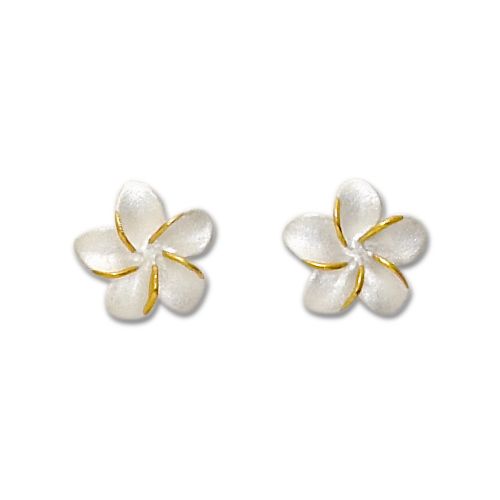sterling Silver Light Weight 2 Toned White Sand 11mm Plumeria Stud Earrings