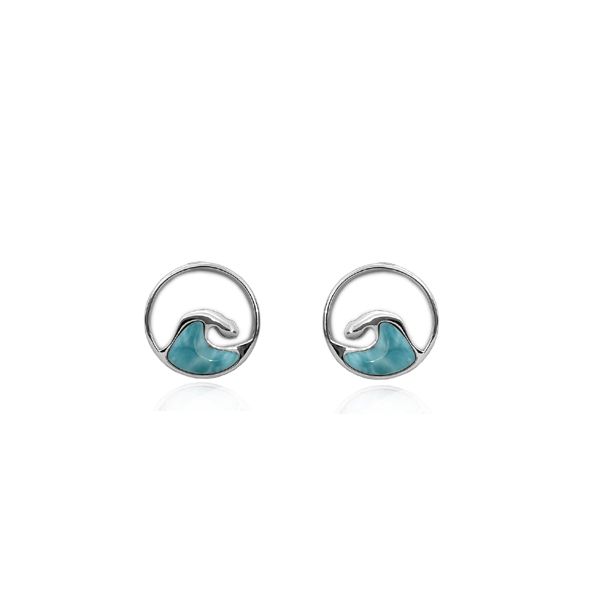Sterling Silver Genuine Larimar Wave in Circle Stud Earrings