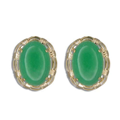 14KT Gold Cut-In Rope Design with Oval Shaped Green Jade French Clip Earrings 