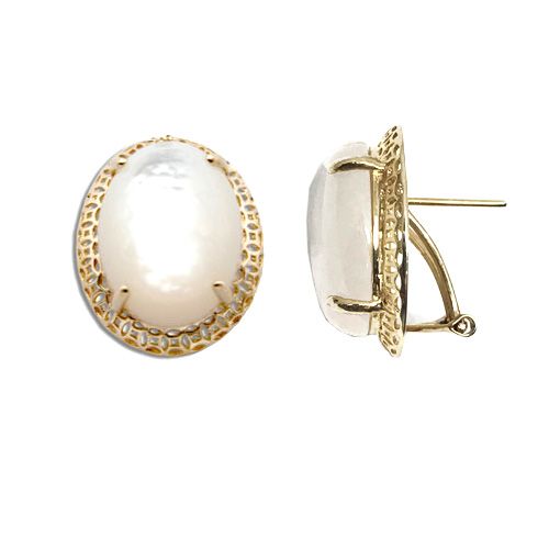 14KT Yellow Gold Cut-In Chinese Pattern Design with Oval Shaped Mother of Pearl French Clip Earrings 