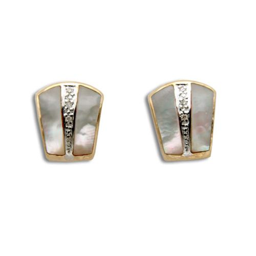 14KT Yellow Gold Bar with Diamond and MOP (Mother of Pearl Shell) Earrings