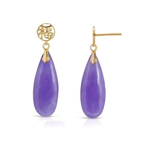 14KT Yellow Gold Chinese Good Fortune Teardrop Shaped Purple Jade Earrings 