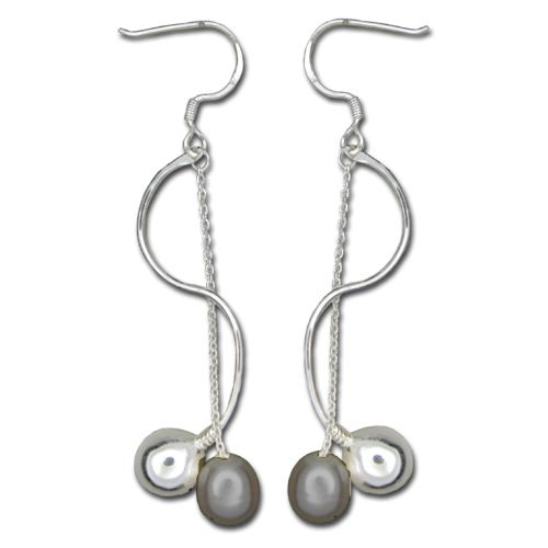 Sterling Silver Wave Design with Long Chain Black Fresh Water Pearl Drop Fish Wire Earrings 