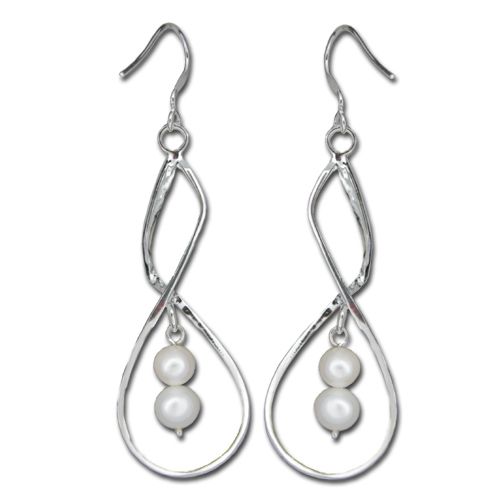 Sterling Silver Double Swirl with White Fresh Water Pearl Fish Wire Earrings