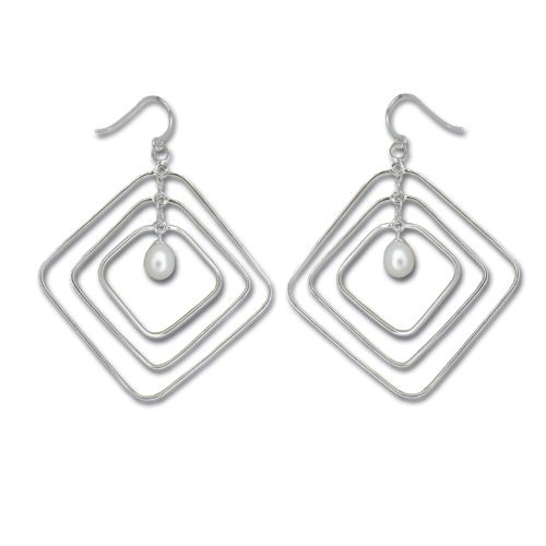 Sterling Silver Dangle Rhombus with White Fresh Water Pearl Fish Wire Earrings 